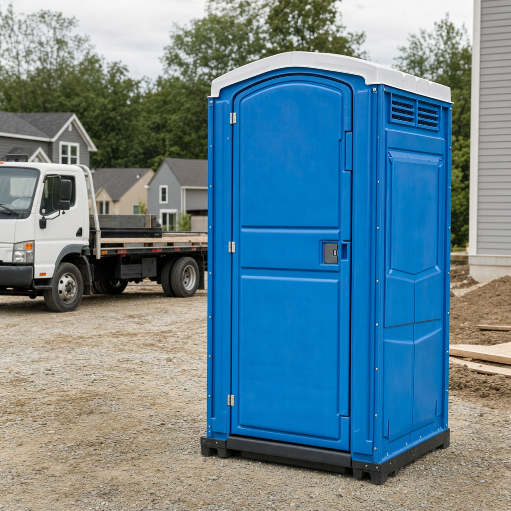 Delivery driver positioning a clean royal-blue portable toilet on level ground at a Staten Island worksite