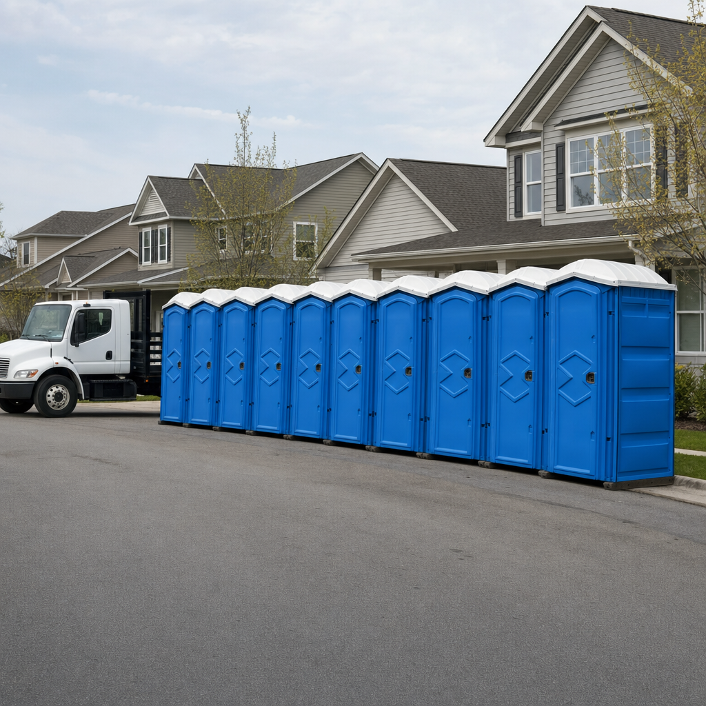 Royal blue portable toilets staged in a tidy row at a Staten Island jobsite, ready for delivery