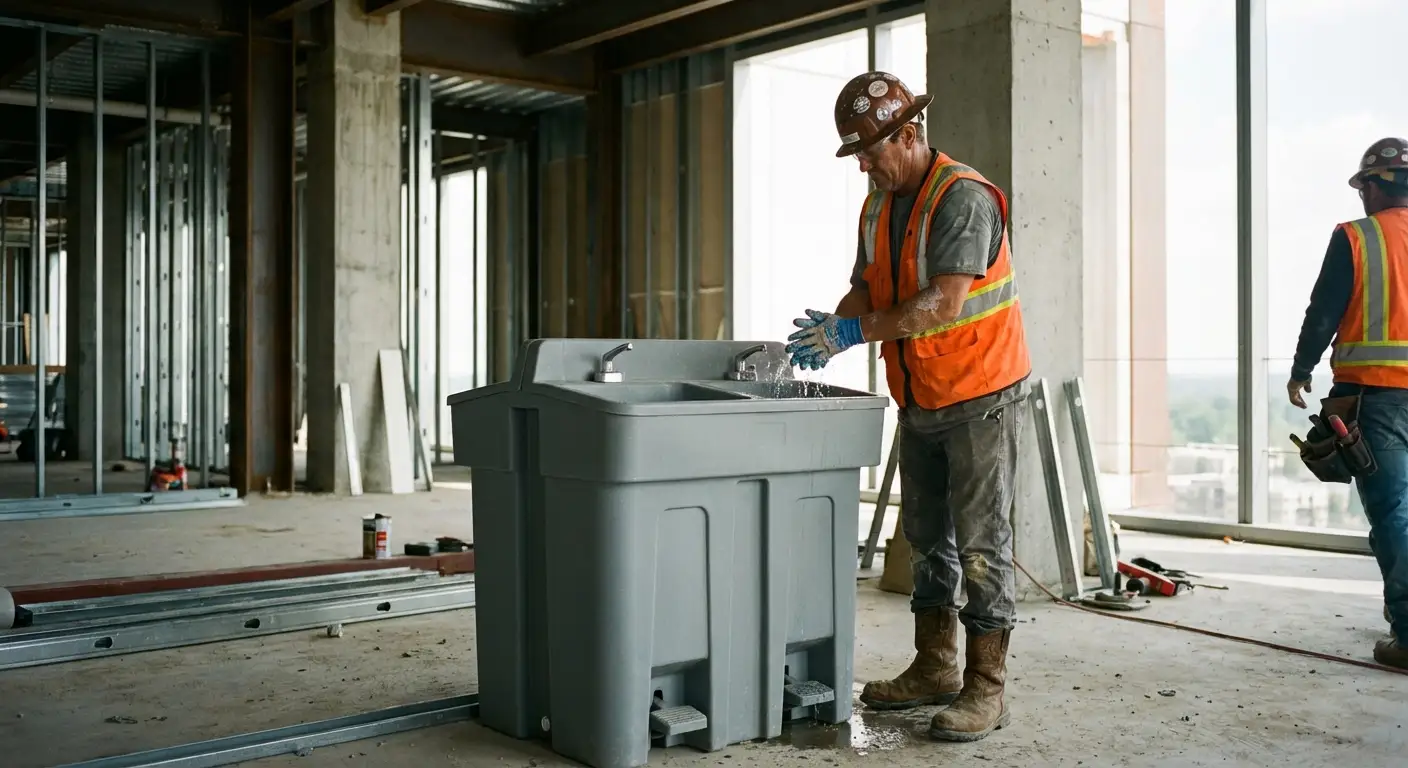 A dual-basin hand wash station positioned on a concrete floor of a high-rise construction site with the city skyline visible through open steel framing. in Staten Island, NY