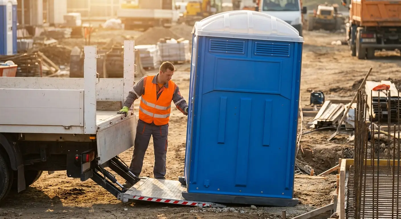 Portable toilet rental delivery truck in Staten Island, NY