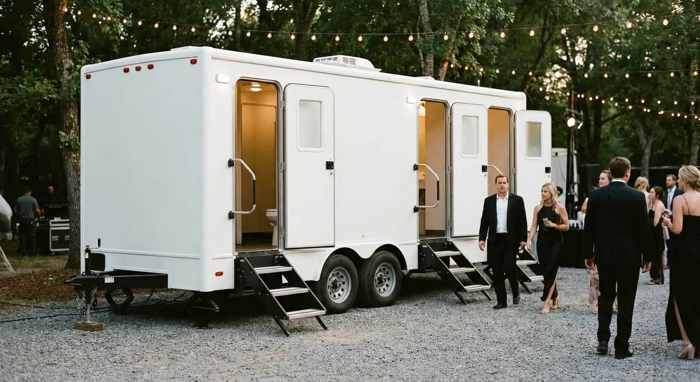 Exterior of a Luxury Restroom Trailer at an evening event, warm lighting spilling from the door, positioned discreetly near a manicured lawn. in Staten Island, NY