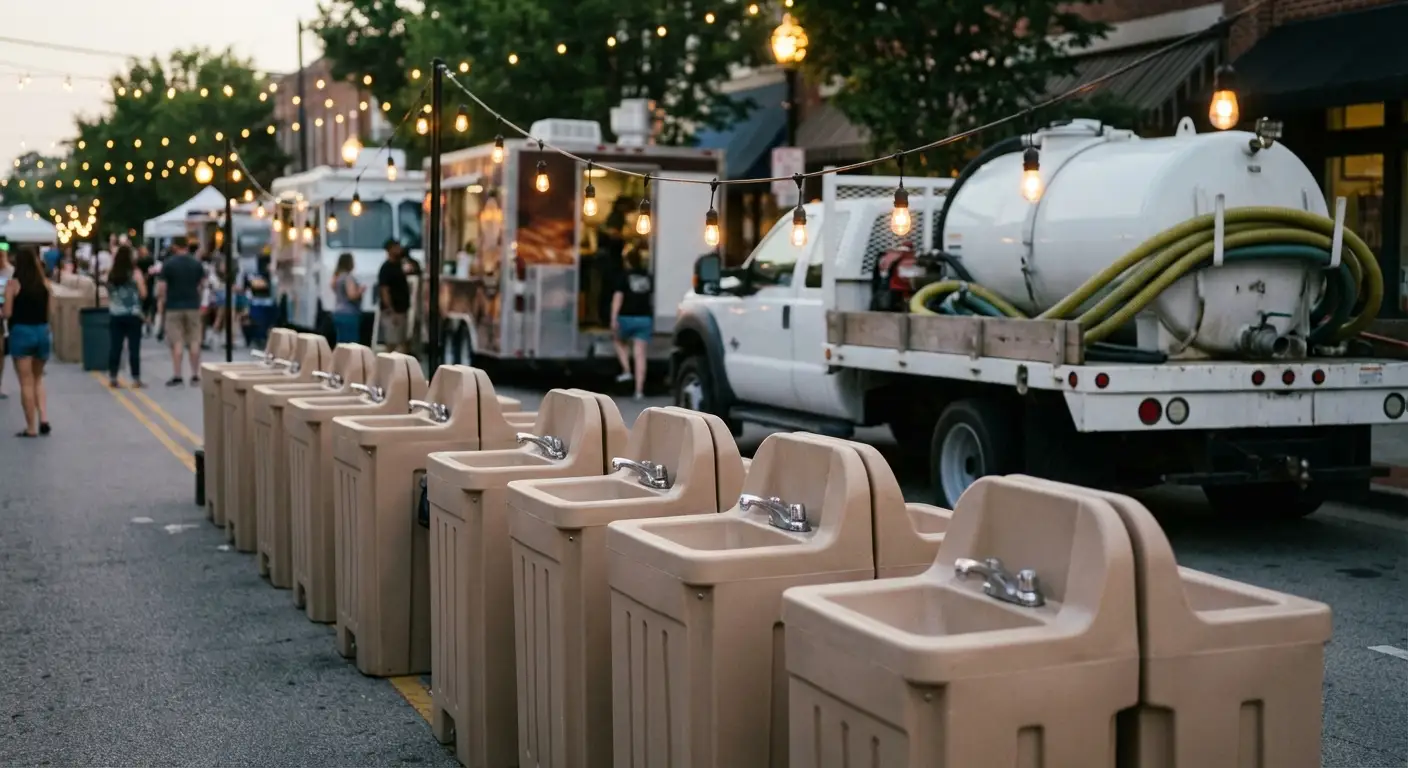 A row of clean, grey portable hand wash stations set up on pavement near food trucks, with blurred festival lights and crowd in the background. in Staten Island, NY