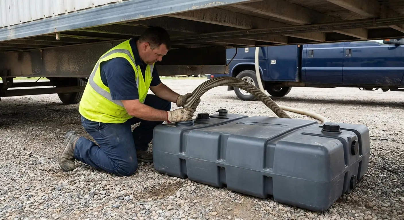Richmond County Site Services vacuum truck servicing a waste holding tank at a construction site in Staten Island, NY
