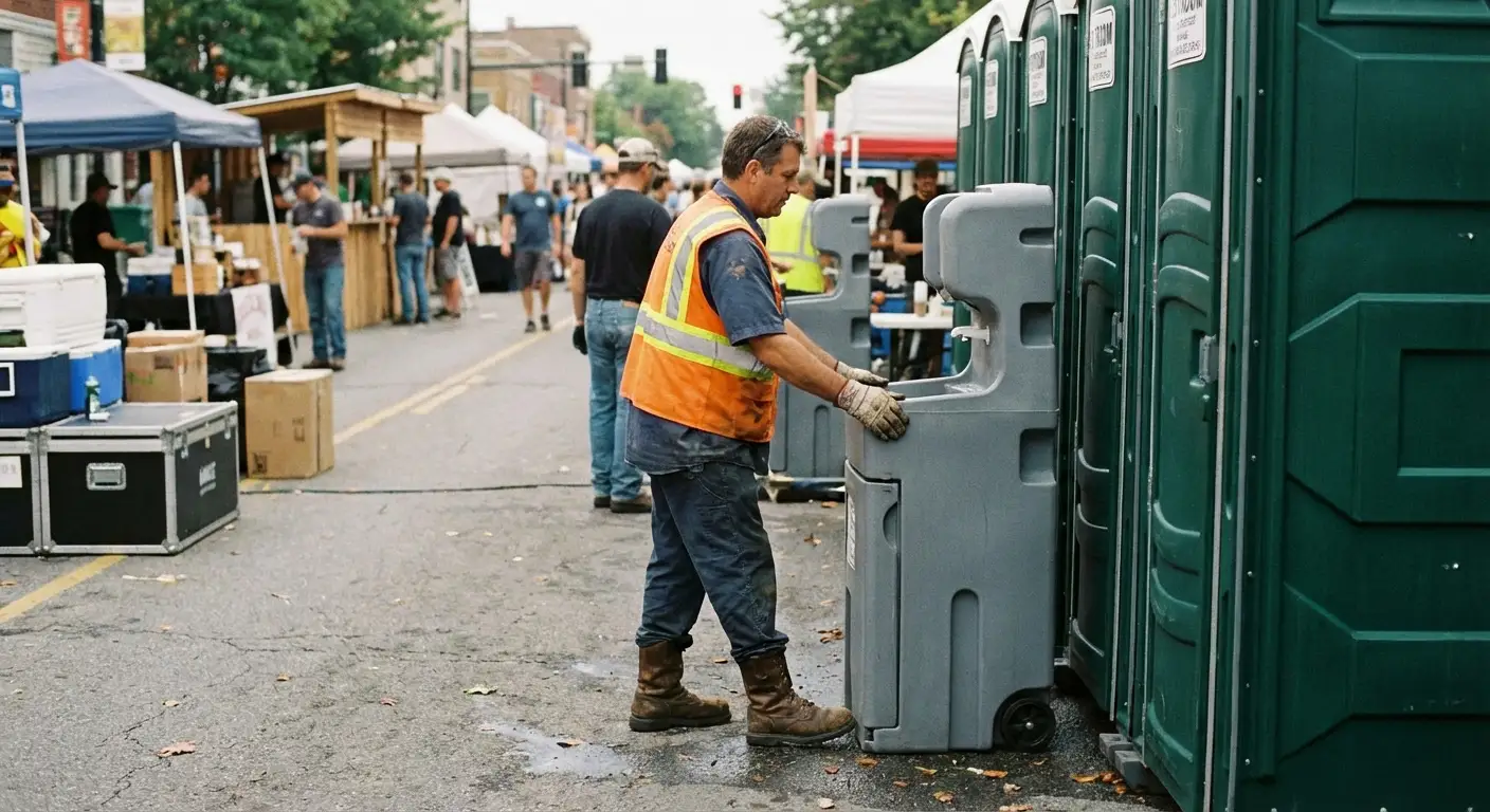 A row of pristine Special Event Portable Restrooms and hand wash stations lined up along a festival barrier with blurred crowds in the background. in Staten Island, NY