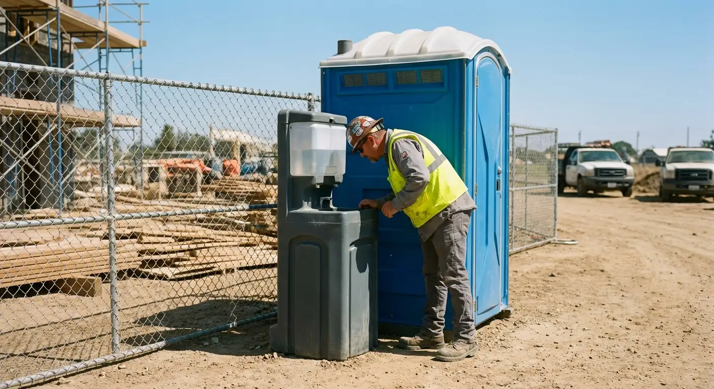 A close-up view of a portable hand wash station next to a portable toilet on a dirt construction site, focusing on the foot pump mechanism. in Staten Island, NY